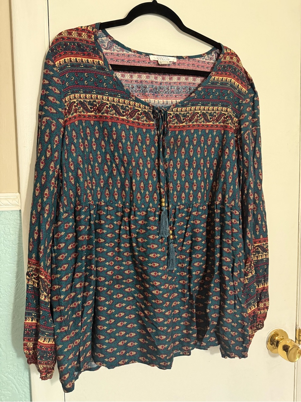 Bohemian Teal Printed Peasant Tunic with Tassel Tie